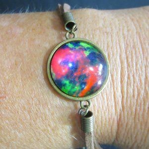 New World Glass Bracelet Astro Galactic Cabochon Bronze Tone Leather Unisex 7"